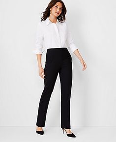 Elevate your wardrobe with the Ann Taylor Side Zip Straight Pant in Bi-Stretch, a testament to timeless elegance and modern functionality. These pants are designed to offer a sleek, straight-leg silhouette that skims your legs for a polished and structured look.

- **Size**: 4
- **Color**: Black
- **Material**: 66% Polyester, 28% Rayon, 6% Spandex
- **Fit**: Regular fit, lean through the hip and thigh
- **Rise**: High rise, sits 1/2" to 1" below natural waist
- **Length**: Full length, 31" insea Straight A, Knitted Suit, Professional Wardrobe, Professional Look, Stretch Pants, Straight Pants, Waist Length, Polished Look, Straight Leg Pants