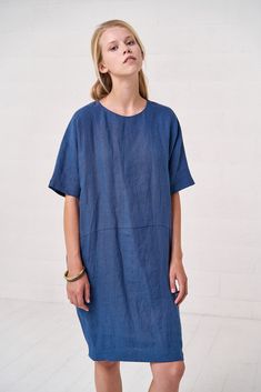 "This intense blue baggy / bubble dress is comfortable linen gown for just everyday! Loose silhouette with wide half sleeves and comfy side pockets - this dress is a must have when you don't want to feel restrained and need some air between you and your clothes. This dress is created for your maximum comfort! It will become your fave one for hot summer days. Stonewashed linen fabric gives this garment unique appearance and feel of softness, which I am sure you will highly appreciate! Perfect wea Blue Oversized Short Sleeve Dress, Oversized Blue Short Sleeve Dress, Oversized Short Sleeve Linen Dress For Spring, Blue Relaxed Fit Dress With Half Sleeves, Oversized Blue Linen Dress, Blue Short Sleeve Lagenlook Dress, Blue Linen Dresses With Short Sleeves, Oversized Linen Short Sleeve Dress, Oversized Linen Dress With Short Sleeves