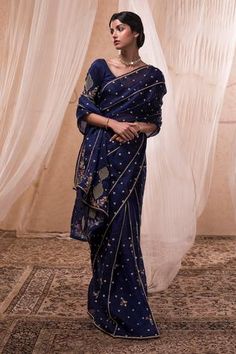 Shop for Nadima Saqib Blue Silk Organza Embroidered Saree for Women Online at Aza Fashions Red Saree Wedding, Royal Blue Saree, Navy Blue Saree, Modern Saree, Saree For Women, Elegant Blouse Designs, Embroidered Saree, Blue Saree, Trendy Fashion Outfits