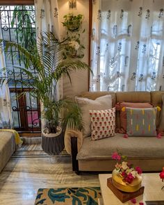 a living room filled with furniture and lots of plants