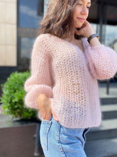 Powder Pink Mohair Sweater, Chunky Knit Sweater, Sexy Sweater, Oversized Sweater, V Neck Sweater, Bohemian Sweater, Slouchy Ballon Sleeves - Etsy Norway Mohair Sweaters, Bright Sweater, Bohemian Sweater, Sweater Chunky, Fluffy Sweater, Sweater Oversized, Chunky Knit Sweater, Orange Sweaters, Hand Knitted Sweaters