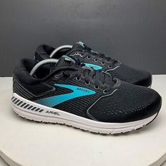 Brooks Shoes Womens 11.5D Ariel 20 Black Ebony Blue Running Sneakers 1203151D064  | eBay Comfortable Black Running Shoes For Everyday Use, Black Comfortable Running Shoes For Errands, Comfortable Black Running Shoes With Cushioned Footbed, Comfortable Black Running Shoes For Errands, Cushioned Sneakers With Round Toe For Casual Wear, Athletic Fit Running Shoes With Ortholite Insole, Comfortable Black Walking Shoes For Running Errands, Comfortable Black Walking Shoes For Errands, Black Walking Shoes With Air Max Cushioning