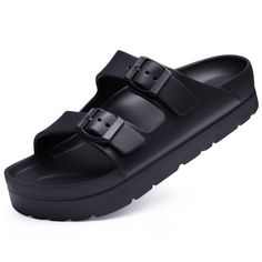 PRICES MAY VARY. 【Summer Essential Sandals】 Upper feature double buckle adjustable straps help to make them fit your wide or narrow feet perfectly. The ultra-thick platform visually elongates leg lines to introduce versatile styles. 【Arch Support Slides】Featuring pronounced arch support and deep heel cup, footbed molds, and shapes to your foot, you can expect quick and snug fitting that ensures max comfort even after long time use. 【Excellent Cushioning】1.6 inch supper thick sole is made of prem Summer Footbed Sandals With Buckle For Outdoor, Black Summer Footbed Sandals For Outdoor, Black Footbed Sandals For Outdoor Summer, Black Slides With Adjustable Strap For Summer, Black Summer Outdoor Footbed Sandals, Black Double Strap Slides For Summer, Black Sport Sandals With Buckle Closure For Vacation, Black Jelly Sandals With Buckle Closure For Vacation, Black Slides With Adjustable Strap For Vacation