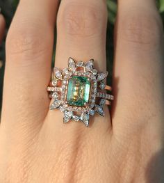 1.35ct Genuine Emerald Halo Engagement Ring Set 14k Large | Etsy Emerald Wedding Sets Rings, Star Halo Engagement Ring, Vintage Bridal Set, Engagement Rings With Gemstones, Square Cut Center Stone Jewelry For Wedding, Rectangular Halo Fine Jewelry, Fine Jewelry Emerald Cut Halo Ring For Wedding, Fine Jewelry Emerald Cut Halo Wedding Ring, Wedding Cluster Ring With Emerald Cut And Halo Setting