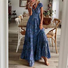 Womens Summer Boho Lace Maxi Dresses Floral V Neck Casual Holiday Long Sundress | eBay Vintage Long Dress, Boho Mode, Bohemian Style Dresses, Paisley Maxi Dress, Marine Uniform, Neue Outfits, Moda Boho, Sleeves Clothing, Maxi Robes