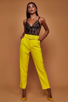 This flat front ankle pants features a high-belted waist with zippered fly and FRONT pockets. Comes in four fab colors from which to choose and made with a polyester blend for easy care. Pair with your favorite heels or booties. Spring Trousers, Yellow Pants, Polyester Pants, Rose Rouge, Just Style, Long Dress Casual, Loose Pants, Women Long Dresses, Type Of Pants