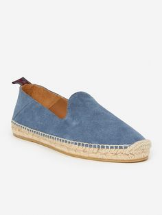 The humble espadrille has gone from a quirky artist’s choice to the perfect embodiment of upscale resort casual. This one adds a worldly, bohemian nonchalance whether you’re in swim trunks or a sport coat. It’s a little dressier in calfskin suede, and the latest iteration also includes a crocheted toe and a collapsible heel for easier sliding into. With cushioned leather insole and signature jute outsole. No reason to stop at one pair. Made in Spain. | J.McLaughlin Men's Rafe Suede Espadrilles D Summer Suede Slip-on Espadrilles, Casual Suede Espadrilles With Contrast Sole, Suede Espadrilles With Woven Sole For Vacation, Suede Slip-on Espadrilles For Summer, Vacation Suede Espadrilles With Textured Sole, Blue Leather Beach Espadrilles, Blue Leather Espadrilles With Rubber Sole, Blue Leather Espadrilles For Beach, Casual Espadrilles With Contrast Sole For Beach