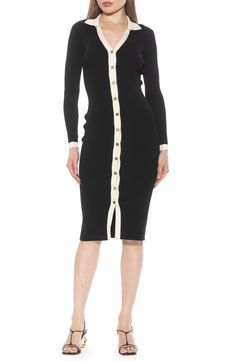 Contrasting trims and polished buttons define this long-sleeve shirtdress that instantly elevates in-office or off-duty ensembles. 45 1/2" length Front button closure Spread collar V-neck Long sleeves 100% viscose Hand wash, dry flat Imported Classic Long Sleeve Midi Dress, Fitted Collared Midi Dress For Business, Classic Button-up Midi Dress For Fall, Classic Long Sleeve Midi Dress With Button Closure, Long Sleeve Midi Dress With Buttons, Long Sleeve Dress With Button Closure For Office, Long Sleeve Business Dresses With Buttons, Classic Fall Midi Dress For Work, Fitted Long Sleeve Shirt Dress For Office