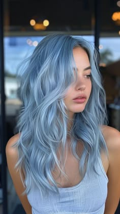 Frosted Blue Hair, Silver To Blue Ombre Hair, Silver Hair Blue Highlights, Blue Grey Hair Color Silver, Teal Blue Hair Color, Steel Blue Hair Color, Dusty Blue Hair Color, Silver Hair With Blue Highlights, Light Blue Money Piece Hair