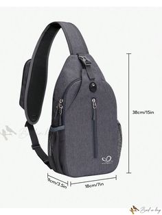 a gray sling bag with zippers on the front and shoulder straps, measurements for it