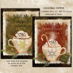 two christmas greeting cards with hot chocolate and peppermint latte