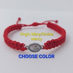 "Bracelet with medal Virgin Mary handmade in Medjugorje. In the middle of bracelet is dublle side medal: Virgin Mary by one side and Divine Mercy by another side. The bracelet is made with a double cord so it is very durable and you can wear it for a long time. This bracelet comes on cording with a sliding slipknot for an easy fit. You can choose: 1. Adult size :10\" (25.50 cm) when fully opened. 2. Kids size: 7.5 \" ( 19 cm) when fully opened. You can choose cord color. This bracelet is a wonde Adjustable Miraculous Medal For Gift, Adjustable Rosary Bracelet With Miraculous Medal For First Communion, Our Lady Of Medjugorje, Catholic Bracelet, Divine Mercy, Religious Gifts, Colorful Bracelets, First Communion, Christian Gifts