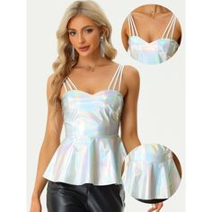 Introducing the stunning Metallic Top for Women - a perfect blend of fashion and comfort! This sleeveless top is designed with a ruffled hem and metallic fabric that adds a touch of glamour to your wardrobe. The side zipper ensures a perfect fit, while the triple spaghetti straps without adjustable buckles give it a unique and eye-catching design. This top is perfect for any special occasion, be it a festival or a party, as it is designed to make you feel fearless and festival-ready. The slim fi Metallic Sleeveless Spring Top, Metallic Sleeveless Top For Spring, Shimmer Sleeveless Tank Top For Spring, Sleeveless Shimmer Tank Top For Spring, Trendy Strapped Party Tops, Ruffled Spaghetti Strap Top For Night Out, Party Cami Tank Top With Ruffles, Glamorous Metallic Tank Top For Spring, Ruffled Cami Tank Top For Party