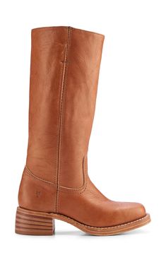 Beautiful leather informs the look of this timeless boot crafted with a wearable stack heel and contrast stitching on the welt. 1 3/4" heel; 1/2" platform 13" shaft; 14" calf circumference Leather upper, lining and sole Made in the USA of imported materials Boho Formal, Frye Campus Boots, Timeless Boots, Kendall Jenner Street Style, Camila Morrone, Debossed Logo, Frye Boots, Leather Riding Boots, Leather Boots Women