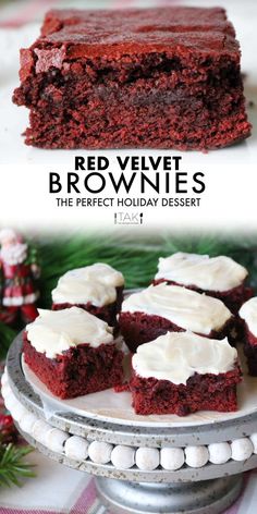 red velvet brownies with white frosting on top