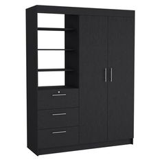 a black armoire with drawers and shelves on the bottom shelf, in front of a white background