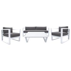 three pieces of furniture sitting on top of a white table next to two chairs and a coffee table