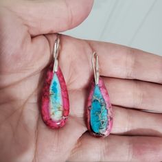 Nwt Natural Galaxy Imperial Jasper Teardrop Dangle Earrings Gemstone Hook Earrings Bohemian Teardrop Earrings With Natural Stones, Multicolor Teardrop Pendant Earrings For Gift, Pink Teardrop Earrings With Natural Stones, Handmade Multicolor Drop Teardrop Earrings, Handmade Multicolor Teardrop Drop Earrings, Betsey Johnson Earrings, Imperial Jasper, Earrings Gemstone, Teardrop Dangle Earrings