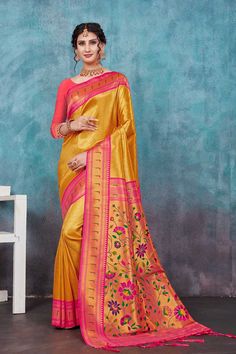 Product Features: Saree: Saree as seen in picture - Choose the drape style while order: Standard, Pleated or Gujarati Saree Color: Yellow Saree Fabric: Paithani Silk Blouse: Please choose the selection "As seen in picture" or customize your selection Blouse Color: Yellow Blouse Fabric: Paithani Silk Wash: Dry Clean Occasion: Festive Disclaimer: There will be slight difference in digital to actual image Yellow Paithani, Gujarati Saree, Tassels Saree, Bollywood Sarees Online, One Minute Saree, Paithani Saree, Orange Saree, Party Sarees, Yellow Saree