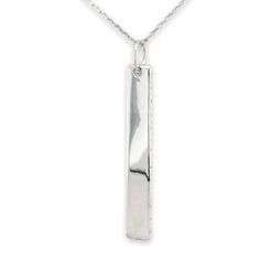 This necklace has been made in sterling silver with a 41.8mm tall x 6.2mm wide x 1.8mm engravable bar pendant. This bar has been prong set with 30 1mm round cut diamonds for a total of 0.15cttw. This bar is engravable and hangs from a 36" cable chain, has a lobster clasp, and weighs 4.9dwtChain Type:CableClosure:LobsterColor:SilverMain Stone:DiamondMain Stone Shape:RoundMain Stone Creation:NaturalMain Stone Treatment:Not EnhancedSecond Stone:No StoneCustomized:NoHandmade:YesSigned:NoSizable:NoVi Bar Pendant, Fine Jewellery Necklace, Round Cut Diamond, Cable Chain, Prong Setting, Locket, Dog Tag Necklace, Lobster Clasp, Round Cut