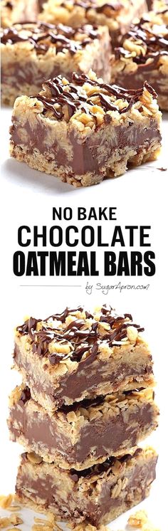 no bake chocolate oatmeal bars are stacked on top of each other