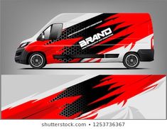 the front and back side of a van wrapper design with red, black and white stripes