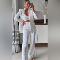 Zara 100% Quality Linen Fill Pants Suit Elegant Tailored Linen Pantsuit, Zara Wide Leg Workwear Sets, Zara Wide Leg Sets For Workwear, Elegant Spring Trousers Suits, Summer Formal Sets With Straight Pants, Elegant Spring Suits With Trousers, White Tailored Wide Leg Suits, Elegant Spring Linen Pantsuit, White Summer Suits For Workwear