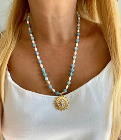 Unique handmade genuine aquamarine beads and mother of pearl necklace. Bohemian long beaded gemstone necklace.  ☀️Dimension: 56 cm / 20 inches +4 cm : 1,6 inches extention chain If you do not want an extension chain or need additional extension chain, please inform me. 🌈Materials:Aquamarine, Mother of Pearl ,14k gold plated 🔴 30% Discount for 2 items use the code: 2ITEMS30 🔴 35% Discount for 3 or more items use the code: MOREITEM35 Visit my shop for all designs: https://www.etsy.com/shop/Merv Light Blue Gemstone Beaded Necklace Gift, Light Blue Gemstone Beads Necklace For Gift, Handmade Blue Amazonite Beaded Necklaces, Blue Gemstone Necklace, Birthday Gift For Women, Aquamarine Necklace, Jewellery Box Making, Aquamarine Beads, Gemstone Beaded Necklace