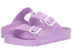 Birkenstock Arizona Essentials - Women's Shoes : Lavender EVA : Please be advised that the Birkenstock® Narrow width can accommodate both traditional narrow and medium widths. No need to ponder−take classic appeal with you anywhere you go when you're rockin' the Arizona Essentials sandal! Ultralight and high-quality EVA upper is highly flexible and odor neutral. Sandal is ultralightweight, waterproof, and washable. EVA-lined interior. Raised toe bar is designed to encourage the natural gripping Cheap Purple High Heel Sandals, Birkenstock Arizona Eva, Arizona Eva, Foot Exercises, Neutral Heels, Birkenstock Women, Women Shoes Online, Birkenstock Sandals, Travel Shoes