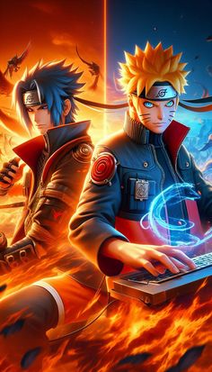 two anime characters are on their laptops in front of a blazing background with flames