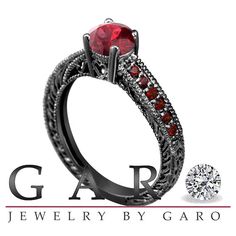 Garnet Engagement Ring Vintage Style 14K Black by JewelryByGaro Black Ruby Wedding Jewelry, Black Ruby Jewelry For Wedding, Wedding Black Ruby Jewelry, Formal Black Rings With Ruby, Elegant Black Ruby Ring, Formal Black Ruby Ring, Elegant Ruby Wedding Ring, Elegant Black Jewelry For Marriage, Elegant Black Jewelry For Wedding