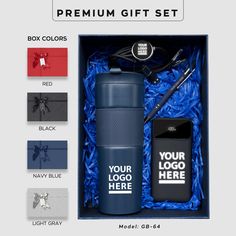 the gift set includes an insulated water bottle, neck tie, and phone case