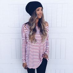 Show Some Stripes Top (6 Colors) - Gunny Sack and Co. Fall Season Red Off-shoulder Tops, Fall Off-shoulder Red Tops, Red Off-shoulder Tops For Fall, Cold Shoulder Tops For Day Out In Fall, Cold Shoulder Tops For Fall Day Out, Oversized Off-shoulder Tops For Summer, Oversized Off-shoulder Summer Tops, Casual Stretch Cold Shoulder Tops, Casual White Cold Shoulder Top