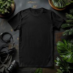 Black Tee MockUp Digital Download with Plants and Technological Equipment in Background. Classic Black Plain Shirt, Classic Plain Black Shirt, Basic Black Plain Shirt, Casual Black Plain Shirt, Black Plain Crew Neck T-shirt, Tee Mockup, Black Tees, Type S, Black Tee