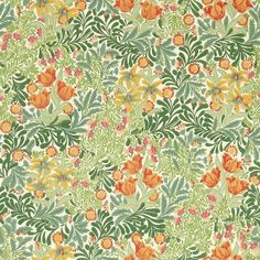 an orange and green floral pattern on fabric