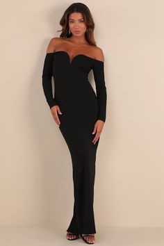 You deserve a luxurious night out in the Lulus Opulent Perfection Black Long Sleeve Off-the-Shoulder Maxi Dress! This head-turning dress features a stretchy crepe knit that forms a flattering, off-the-shoulder neckline (with hidden no-slip strips), atop a sweetheart-style bodice that boasts internal V-bar support and long sleeves. High, fitted waist sits atop a figure-skimming column skirt that finishes at a maxi hem. Kick pleat at back allows for effortless movement. Hidden back zipper/clasp. Fit: This garment fits true to size. Length: Floor length. Size medium measures 53.5" from top to bottom. Bust: Great for any cup size. Waist: Fitted - very fitted at natural waist. Hip: Loosely Fitted. Undergarments: May be worn with petals, or no bra. Fabric: Fabric is very stretchy. Lined. Shell: Fall Formal Dresses, Head Turning Dress, Neutral Dresses, Black Prom, Column Skirt, Black Dress Formal, Black Prom Dresses, Dress 100, Large Size Dresses