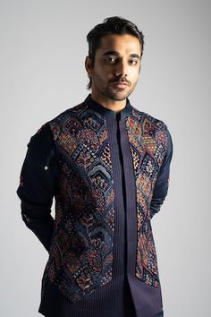 Navy blue velvet nehru jacket with multi-colored thread and sequins embroidery. - Aza Fashions Festive Nehru Jacket With Multicolor Embroidery And Motifs, Festive Outerwear With Woven Motifs, Festive Multicolor Nehru Jacket With Intricate Embroidery, Nehru Jacket For Men, Kurta Set For Men, Nehru Jacket, Navy Blue Pants, Nehru Jackets, Jacket For Men