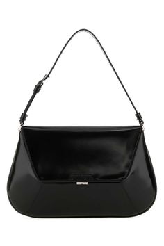 Black Leather Ami Shoulder Bag from Amina Muaddi Designer Black Baguette Pouch Bag, Designer Black Pouch Baguette Bag, Black Designer Satchel Baguette Bag, Luxury Black Pouch Baguette Bag, Evening Baguette Bag With Silver-tone Hardware, Luxury Black Baguette Bag, Elegant Pouch-shaped Baguette Bag For Office, Elegant Baguette Bag Pouch For Office, Designer Black Baguette Shoulder Bag