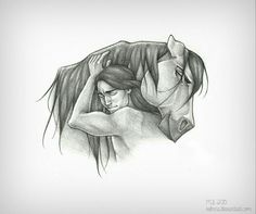 a pencil drawing of a woman hugging a horse's head with her arm around the neck