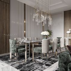 an elegant dining room with chandelier, chairs and table in the middle of it