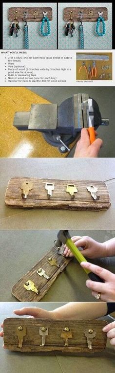 several pictures showing how to make a wooden coat rack