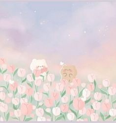 there are two bears standing in the middle of a field of pink and white flowers