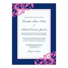 a pink and blue wedding shower party card with an ornate design on the inside of it