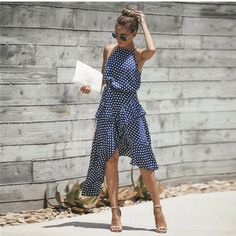 Boho Polka Dot Party Dress Size Xxl Blue And White European Size Runs Slight Small See Chart $69 Grunge Style Outfits, Ruffle Long Dress, Figure Dress, Dress Sleeve Length, Ruffles Fashion, Mid Length Skirts, Mode Inspiration, Mode Style, Waist Dress