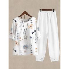 Fabric:Linen; Sleeve Length:Short Sleeve; Look After Me:Machine wash; Gender:Women's; Style:Basic; Elasticity:Inelastic; Tops Type:Pants Sets,Shirt; Occasion:Casual Daily; Details:Bottom,Top; Fit Type:Regular Fit; Pattern:Floral; Design:Print; Neckline:Crew Neck; Pants Type:Pants Trousers; Front page:FF; Listing Date:04/12/2023; Production mode:External procurement; Bust:; Hips:; Length [Bottom]:; Length [Top]:; Print Type:3D Print White Relaxed Fit Sets For Spring, White Two Piece Set, Country Floral, Casual Bottoms, Shirt Pant Set, Vintage Suits, Ținută Casual, Mongolia, Shirt And Pants