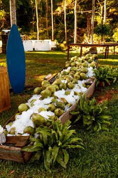 there are many fruits in the wooden box on the grass and next to it is a surfboard