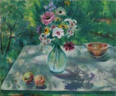 a painting of flowers in a glass vase on a table with fruit and bowls next to it