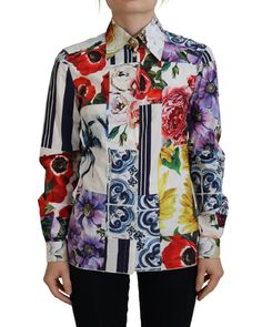 Dolce & Gabbana Floral Cotton Collared Blouse Top1 Designer Long Sleeve Printed Blouse, Designer Multicolor Print Tops For Spring, Designer Multicolor Floral Print Shirt, Designer Multicolor Button-up Tops, Designer Multicolor Floral Print Blouse, Designer Multicolor Print Shirt For Spring, Spring Long Sleeve Blouse With Floral Patchwork, Long Sleeve Blouse With Floral Patchwork For Spring, Multicolor Long Sleeve Tops With Button Closure