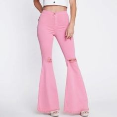 Rise: 10 Inseam: 33 52% Tencel 35.7% Cotton 10.5% T400 1.8% Spandex Made In Usa Pink Stretch Flare Jeans, Pink Flare Jeans In Cotton, Pink Flare Cotton Jeans, Pink High Rise Stretch Flare Jeans, Pink Flare Jeans For Spring, Trendy Pink Flare Jeans, Pink Stretch Wide Leg Flare Jeans, Pink Wide Leg Flares For Spring, Pink High Waist Non-stretch Pants