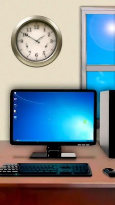 a desktop computer sitting on top of a desk next to a clock and other items